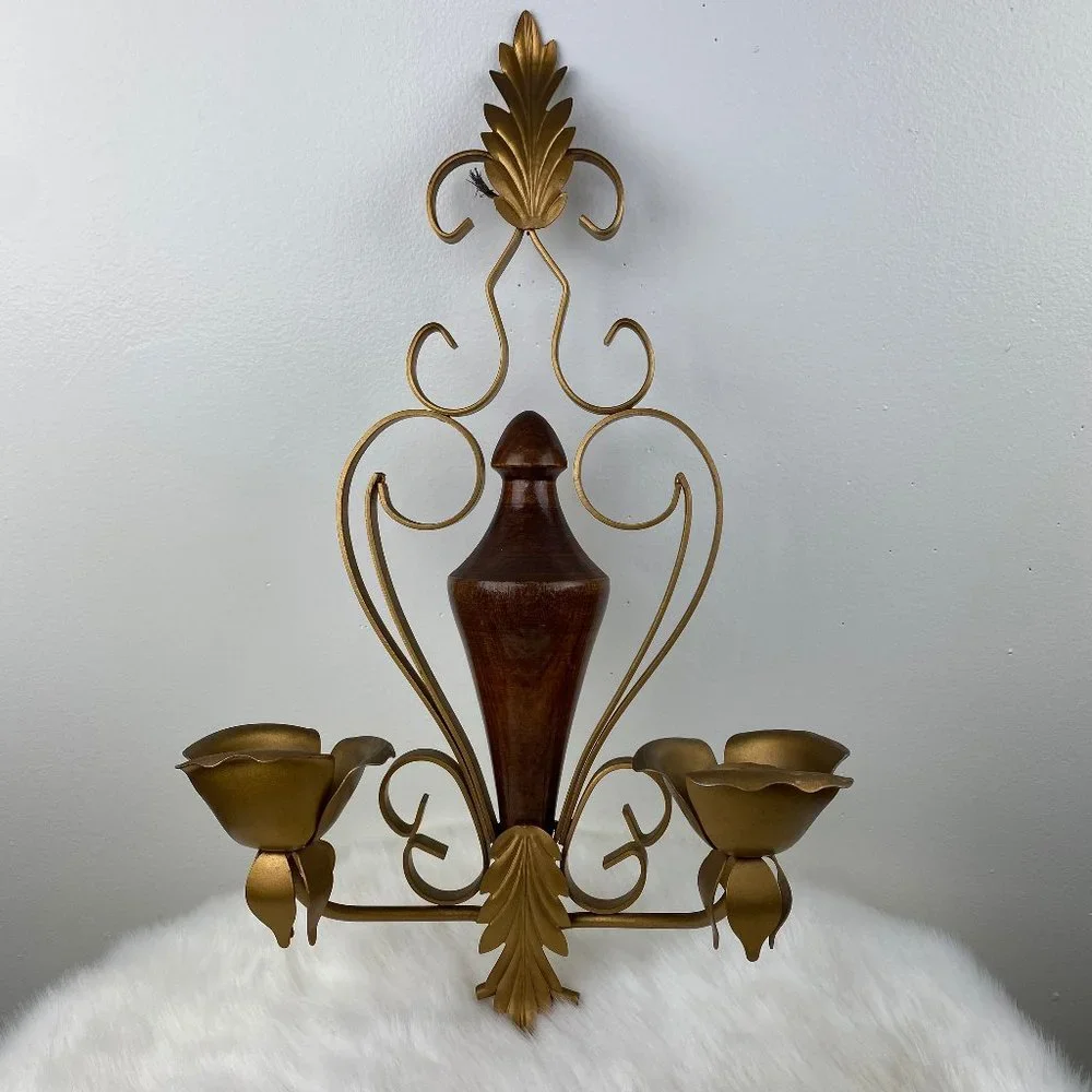 Vintage Wood & Brass Rose Candle Holder Wall Hanging 17.5